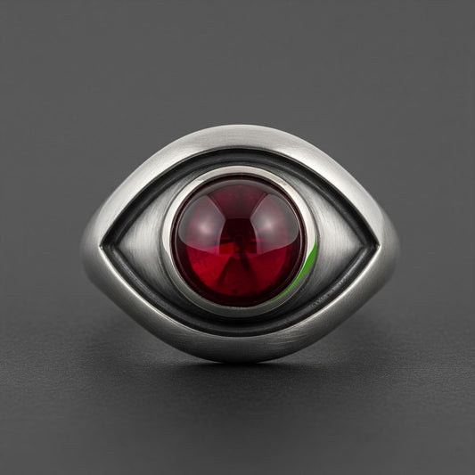 Eye-shaped ring with red cabochon Stone